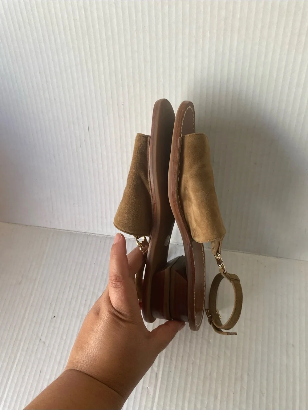 Tory Burch Tan Suede T‑Strap Open‑Toe Slingback Sandals with Gold Logo Accent